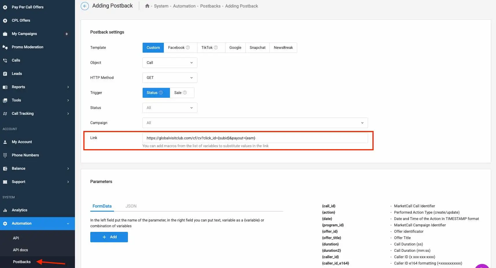 Marketcall tracking with S2S postbacks, where to place the postback inside Marketcall