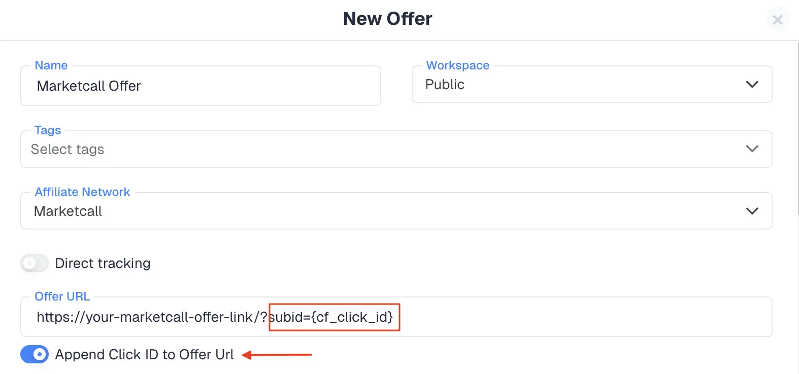 Add the ClickFlare Click ID to Marketcall Tracking Link 