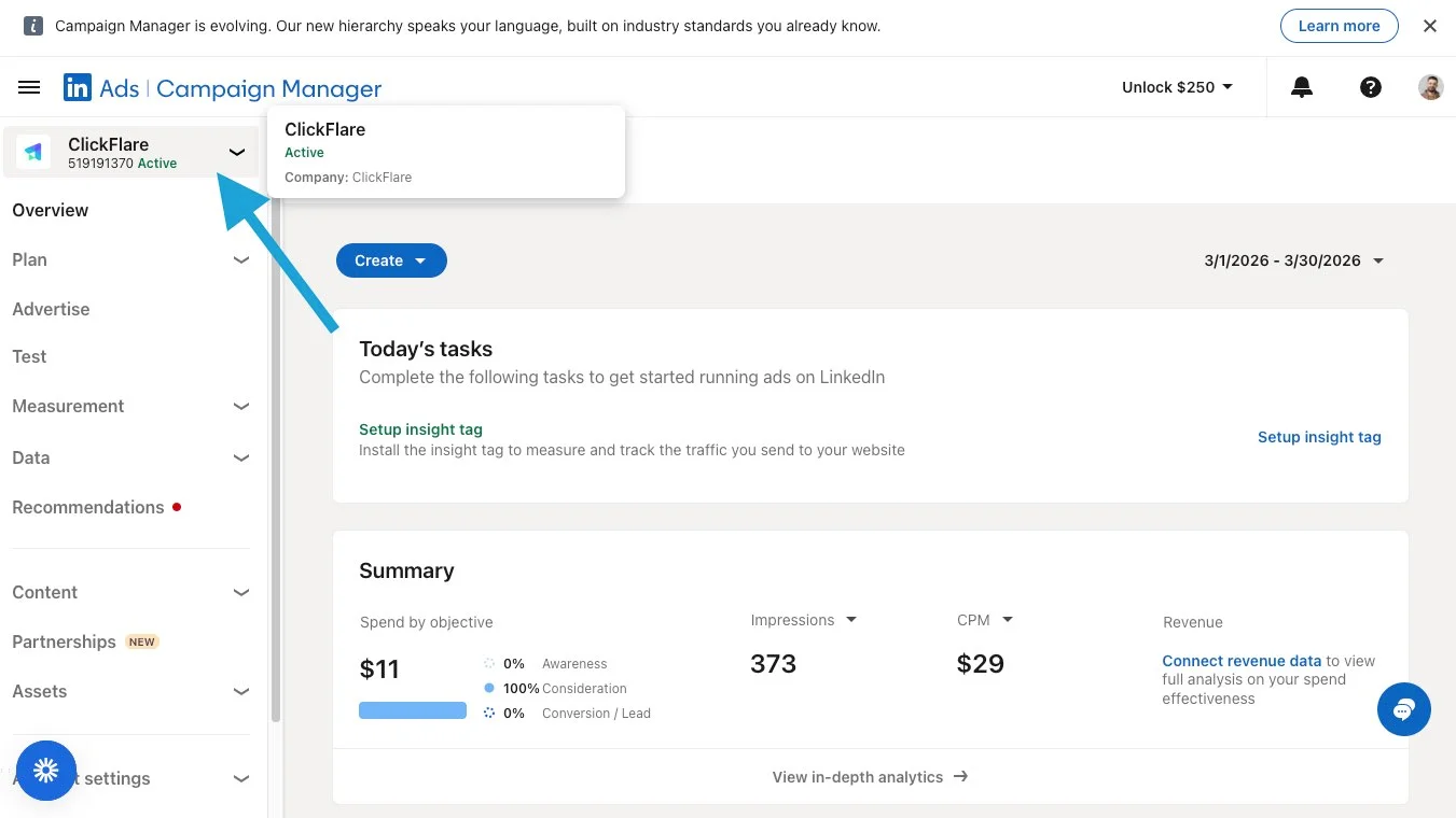 LinkedIn Ads Tracking on ClickFlare: Where to find the ad account ID
