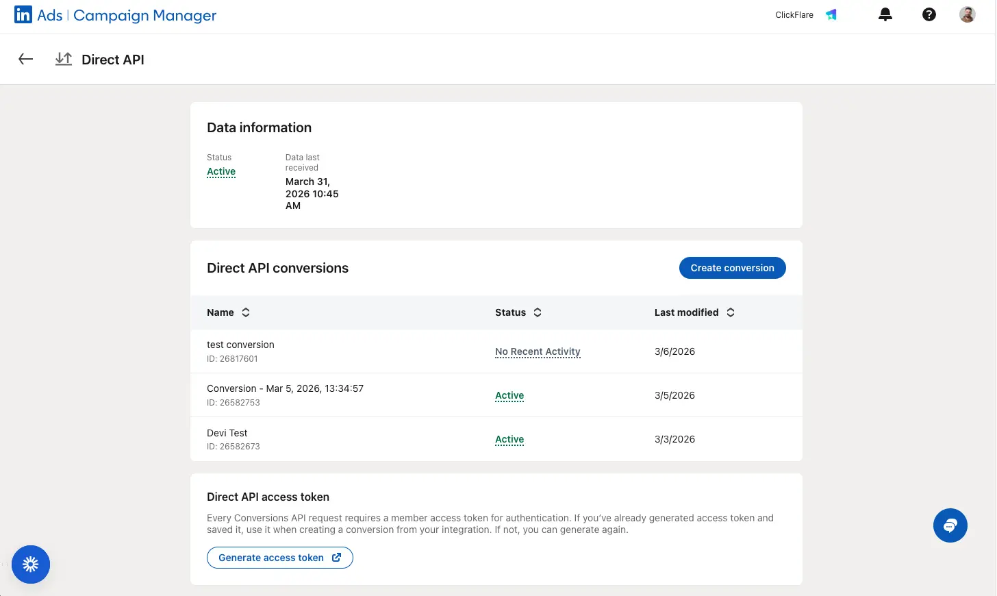 LinkedIn Ads Tracking on ClickFlare: Where to create the Conversion Rule