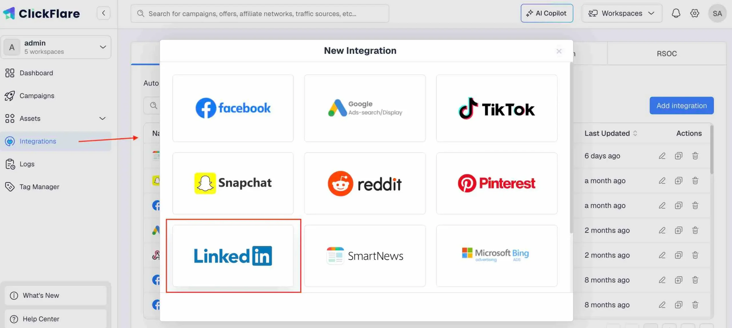 LinkedIn Ads Tracking Conversion API integration with ClickFlare