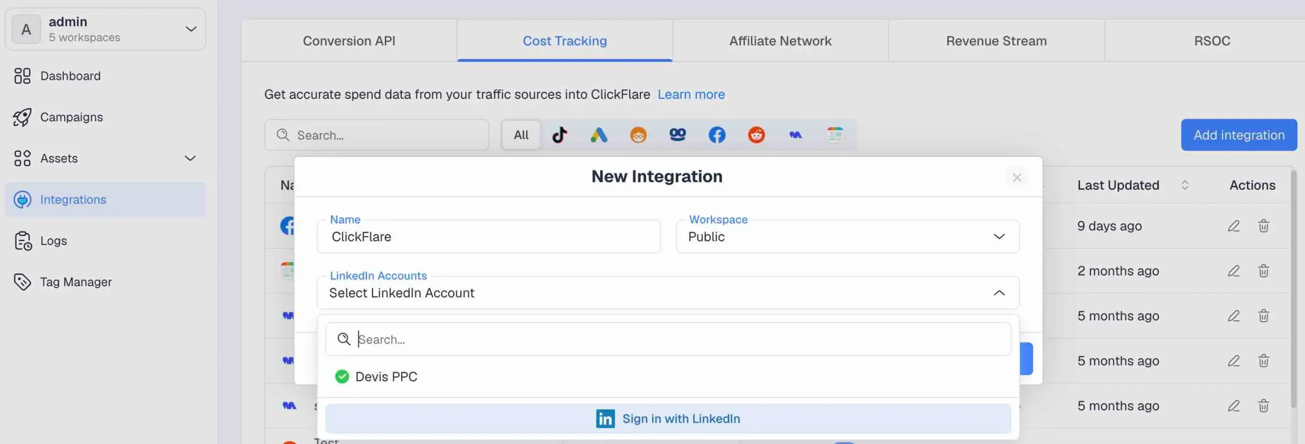 LinkedIn Ads tracking: how to pull cost to ClickFlare