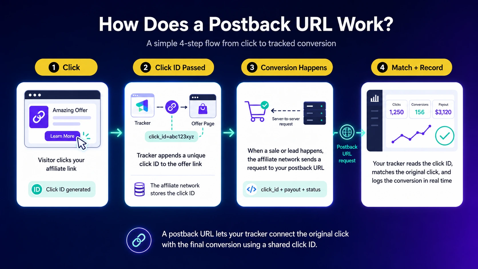 What is a postback URL and hows does it work: click, click ID passed, conversion happens, match and record
