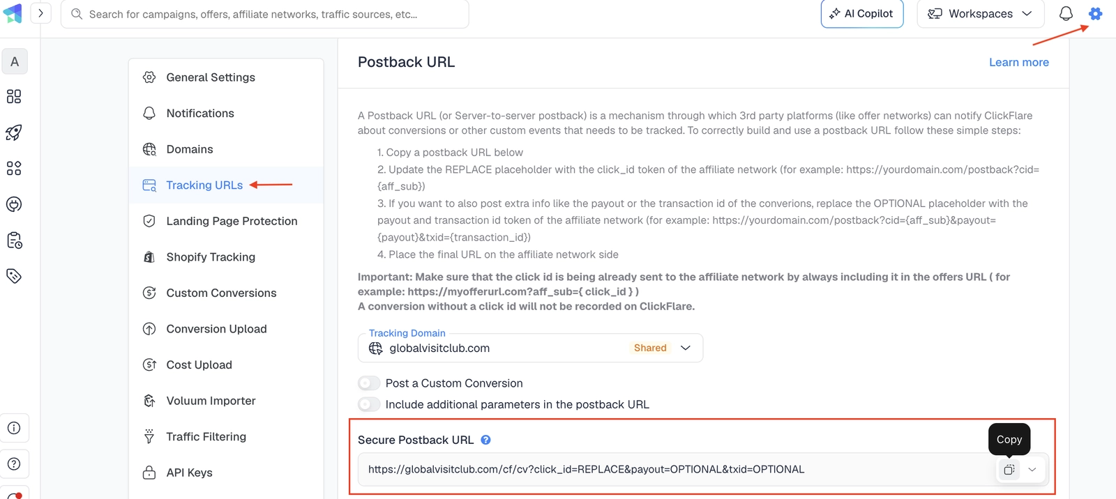 What is a postback URL and where to find it? Screenshot of the Postback URL settings page in ClickFlare, showing the Secure Postback URL field