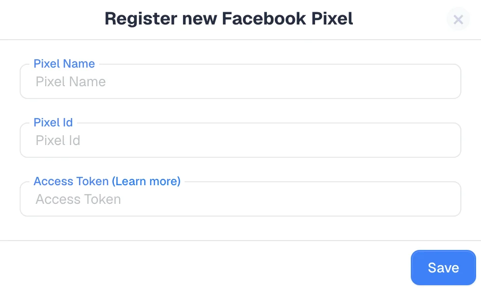 Register new Facebook Pixel dialog for setting up CAPI tracking in ClickFlare