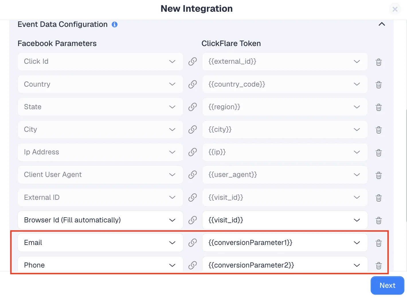 CAPI tracking event data configuration mapping Facebook parameters to ClickFlare tokens