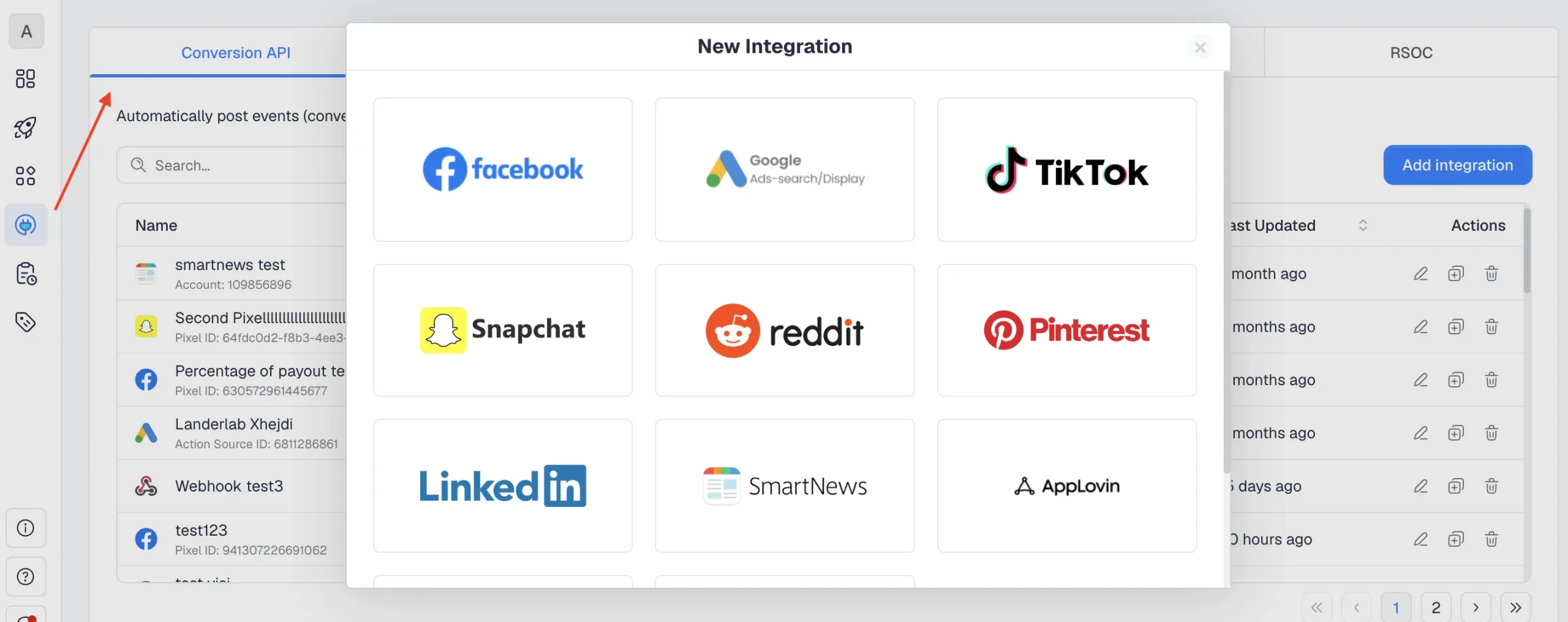 CAPI tracking integrations available in ClickFlare, including Facebook, Google, TikTok, Snapchat, Reddit, Microsoft Bing, and LinkedIn Ads