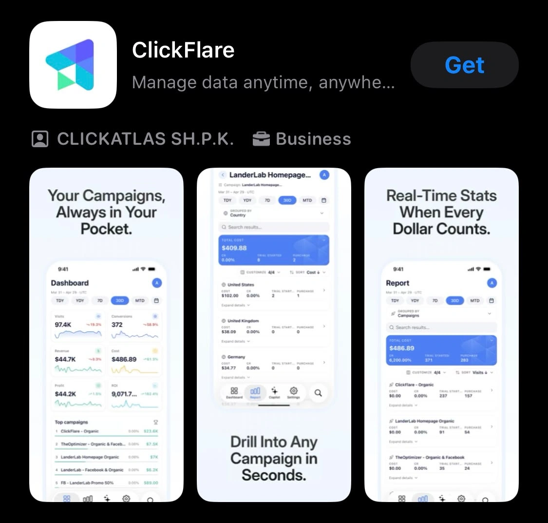 ClickFlare app listing on the Apple App Store showing the dashboard, report, and real-time stats screens