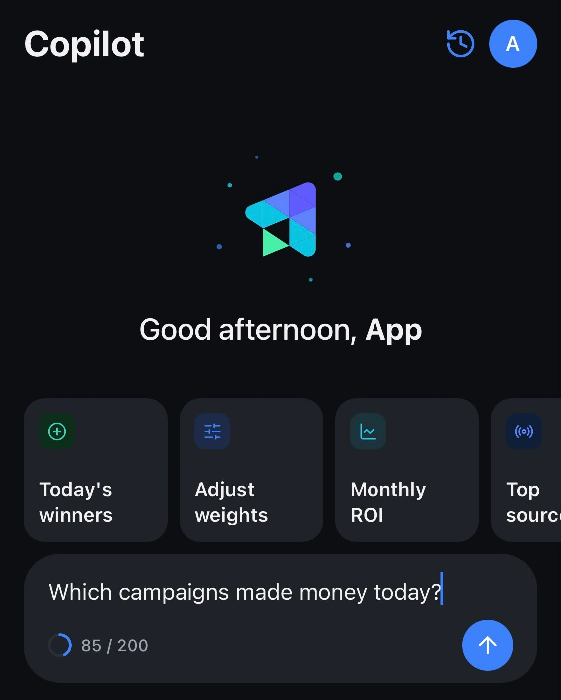 ClickFlare app AI Copilot screen answering "which campaigns made money today"