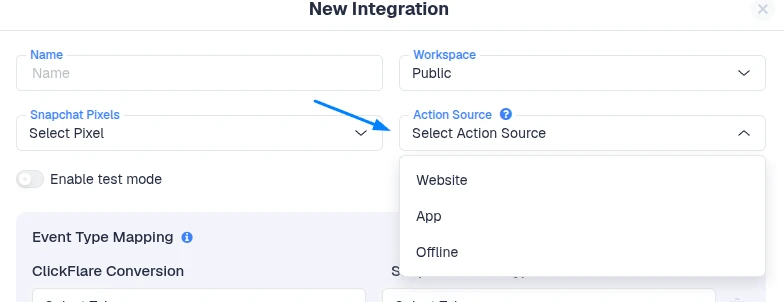 Selecting the Action Source for the Snapchat Pixel integration in ClickFlare