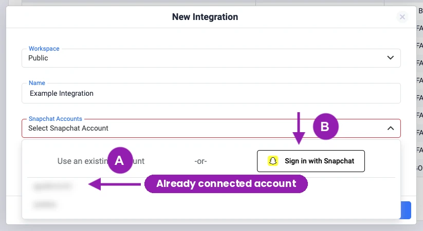Selecting an existing Snapchat account or signing in with Snapchat in ClickFlare