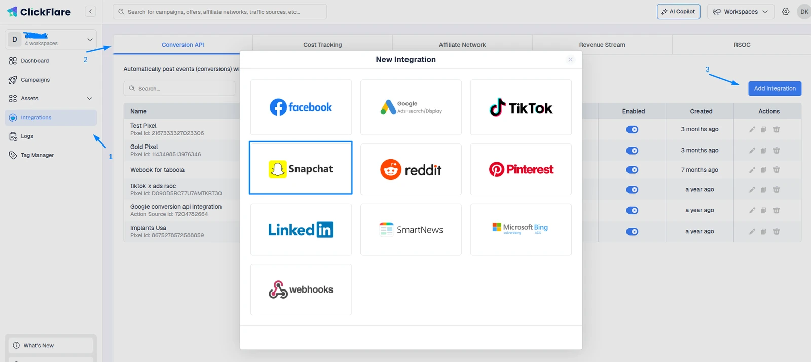 Selecting Snapchat when creating a new Conversion API integration in ClickFlare