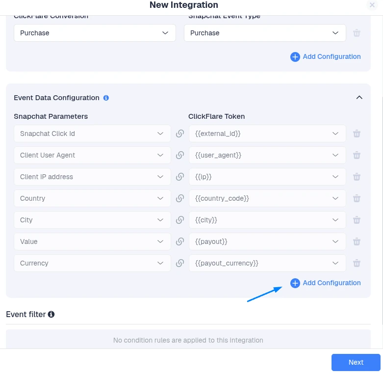 Configuring Snapchat Pixel event data by mapping Snapchat parameters to ClickFlare tokens