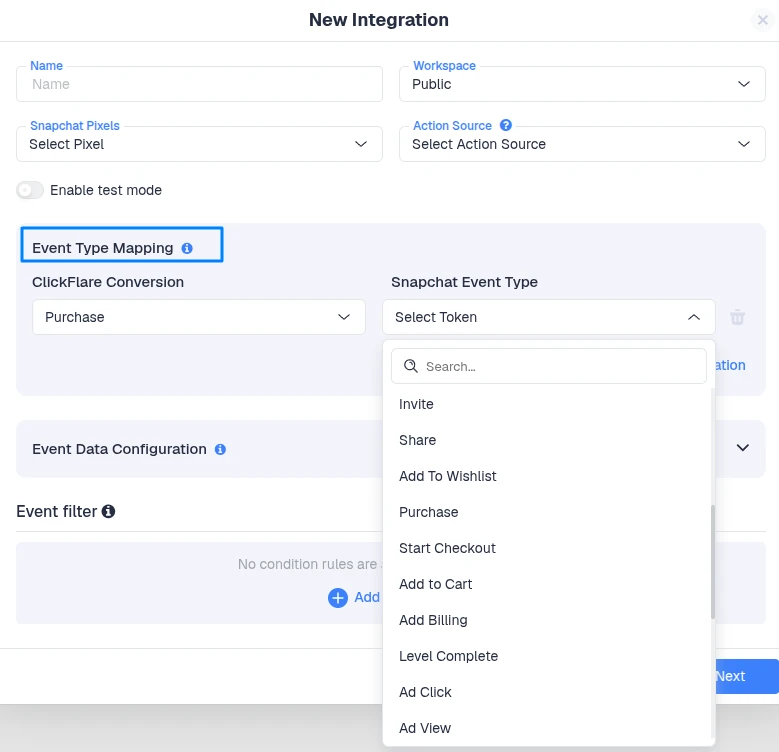 Mapping a ClickFlare conversion to a Snapchat event type