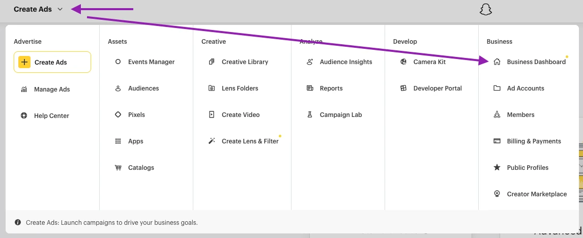 Navigating to the Snapchat Business Dashboard to generate a Conversion API token