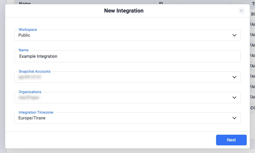 Choosing the Snapchat account, organization, and integration timezone in ClickFlare
