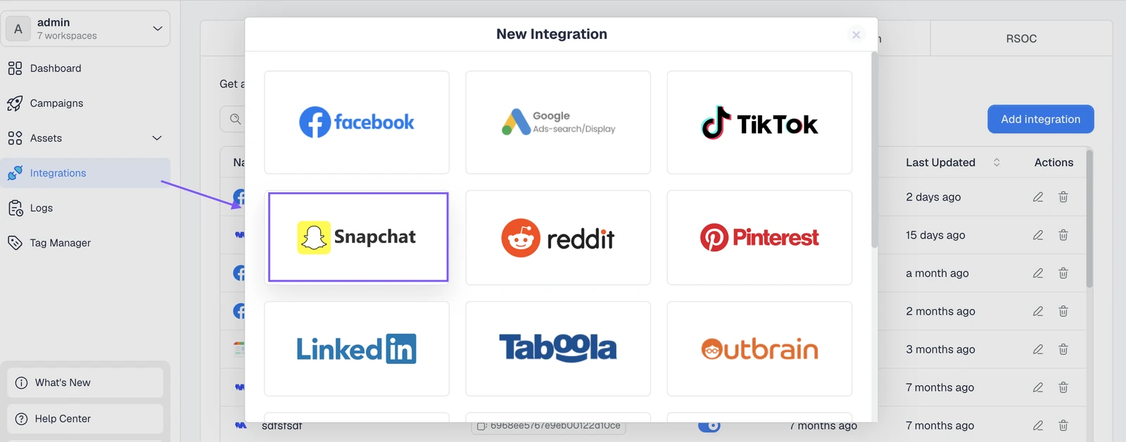 Selecting Snapchat under Cost Tracking Integrations in ClickFlare