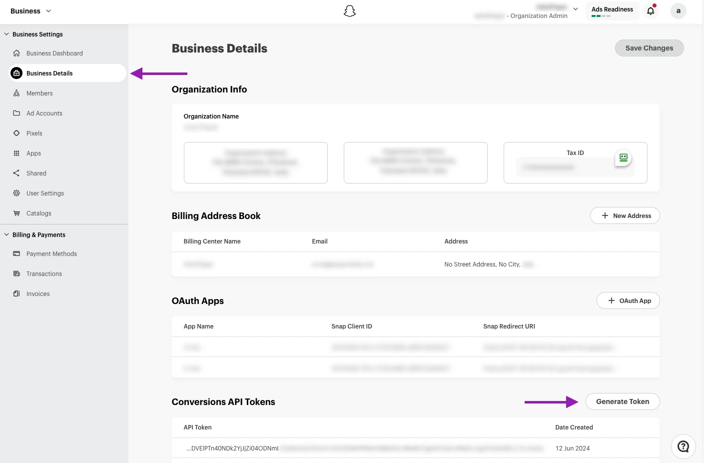 Generating a Snapchat Conversion API token in Business Details