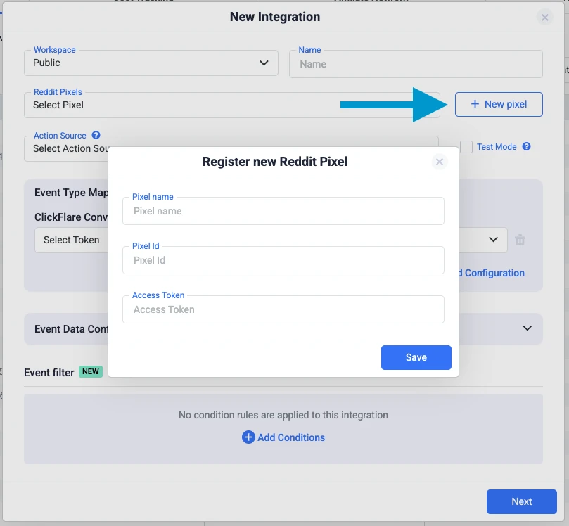 Registering a new Reddit Pixel in ClickFlare with Pixel ID and Access Token for Reddit conversion tracking