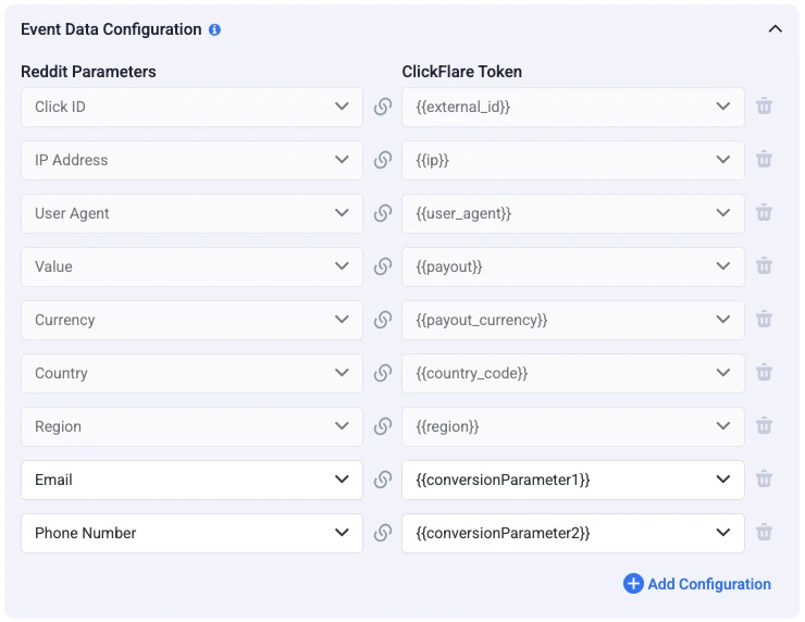 Reddit conversion tracking event data configuration in ClickFlare mapping Reddit parameters to ClickFlare tokens