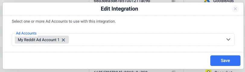 Selecting Reddit ad accounts for the ClickFlare cost integration to pull Reddit ad spend