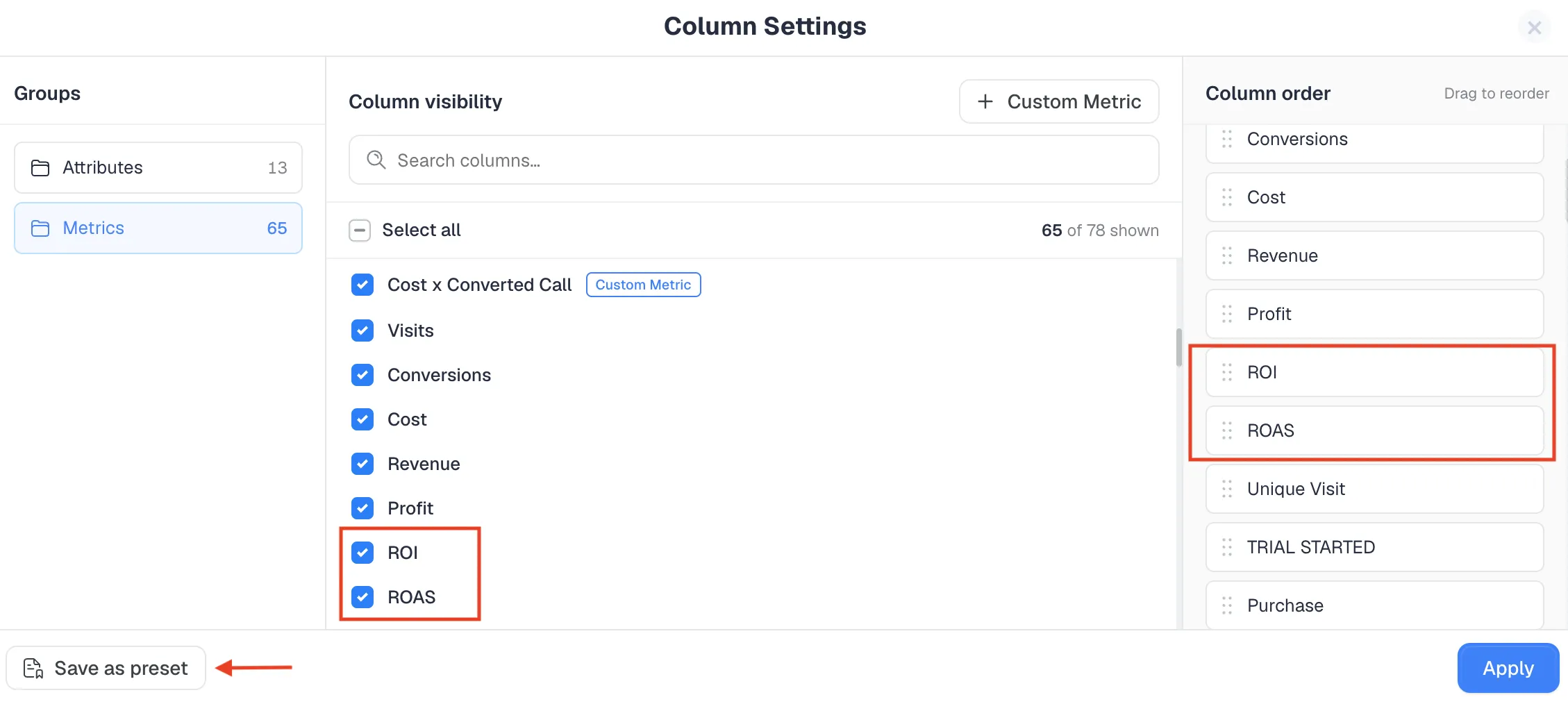 Enabling ROI and ROAS columns and setting column order in ClickFlare Column Settings