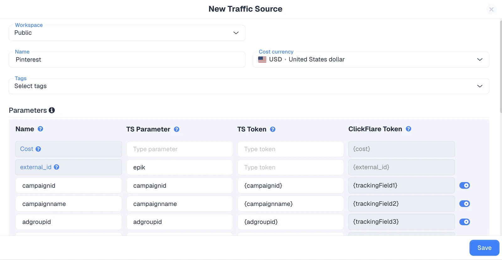 Pinterest traffic source template in ClickFlare showing the epik click ID and cost parameters