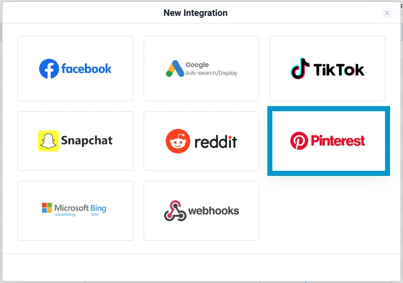 Selecting Pinterest in the ClickFlare integrations menu to start conversion tracking