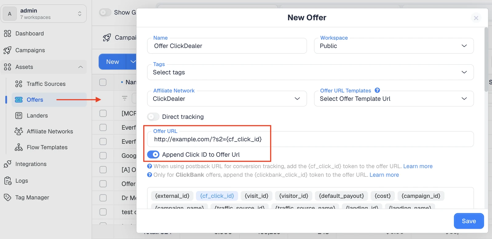 ClickFlare new offer screen with ClickDealer selected and Append Click ID to Offer URL enabled