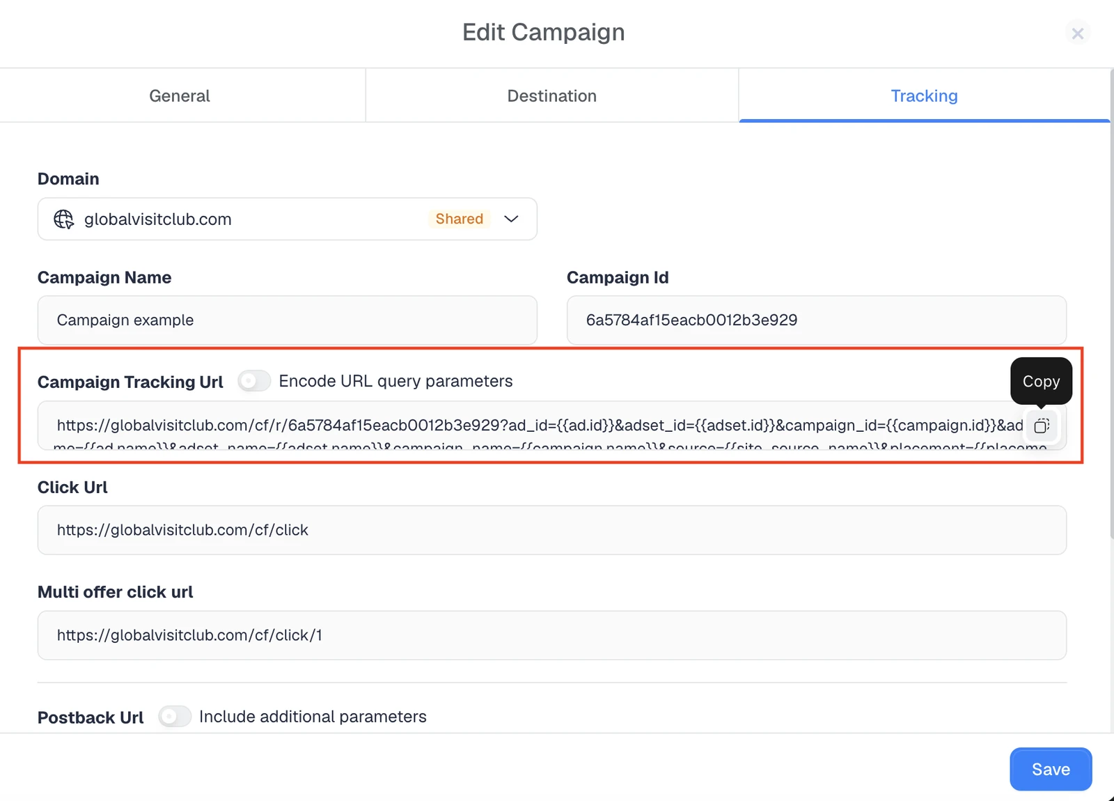 ClickFlare campaign tracking URL screen showing the campaign tracking link to copy into your traffic source