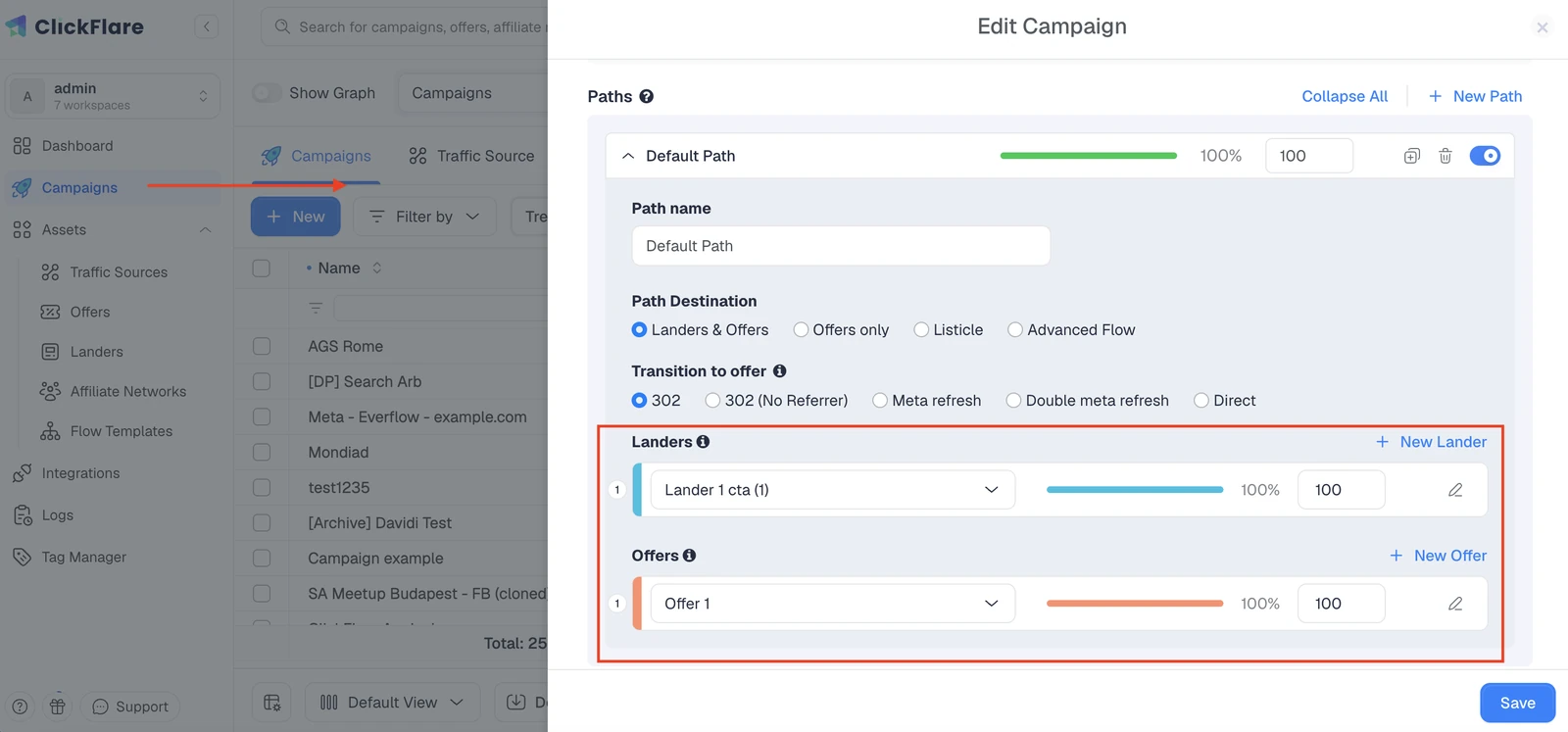 ClickFlare edit campaign screen building the campaign flow with landers and offers
