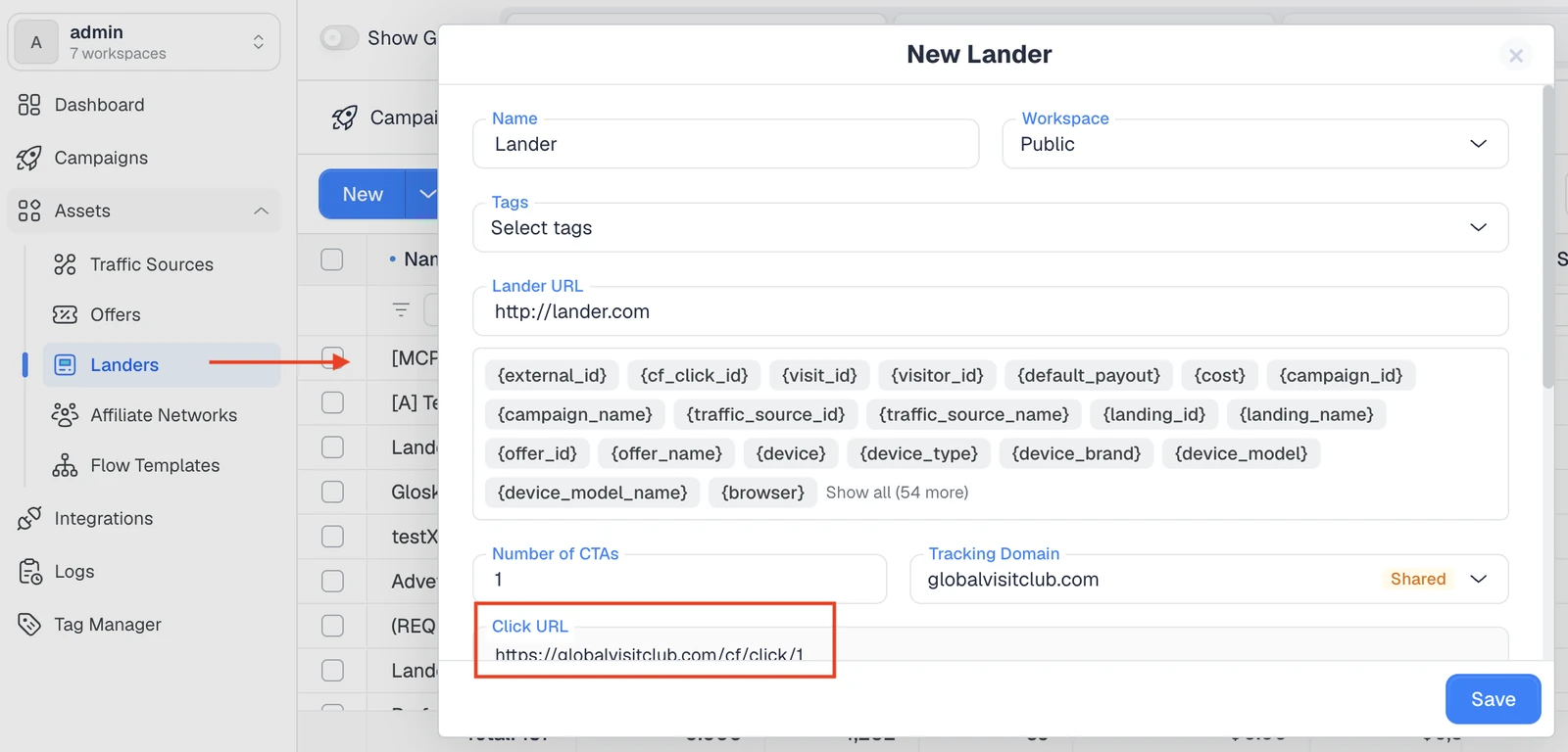 ClickFlare new lander screen where you add your landing page URL and copy the click URL for CTA buttons