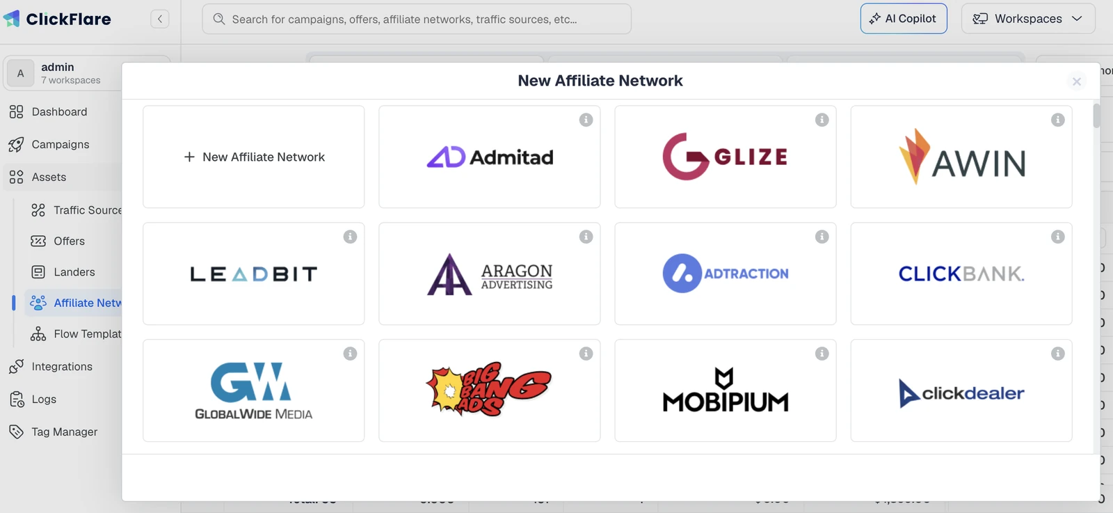ClickFlare new affiliate network screen showing 150+ ready-made affiliate network templates
