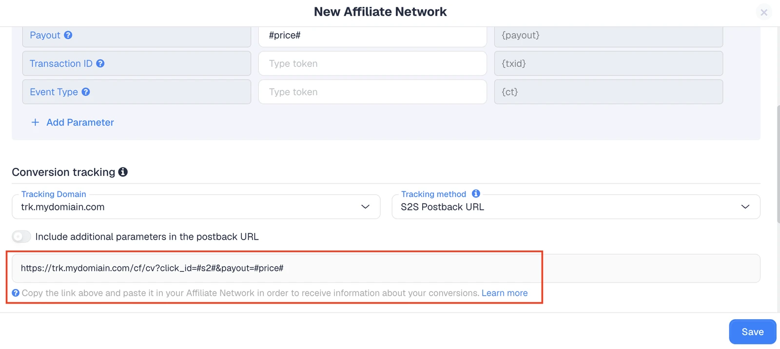 ClickFlare affiliate network setup showing the generated S2S postback URL to copy into the network