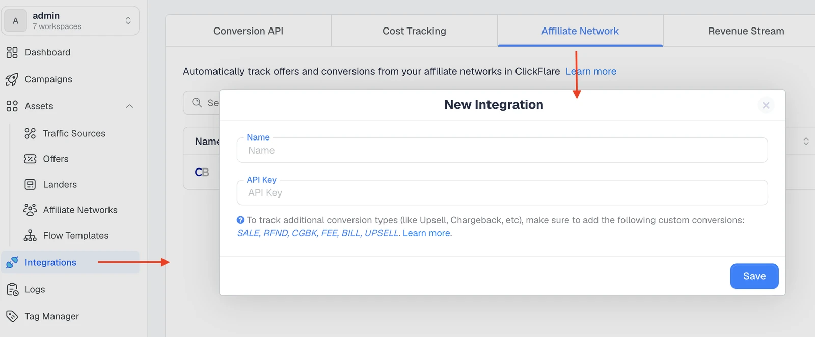 ClickFlare ClickBank API integration screen where you paste your ClickBank API key