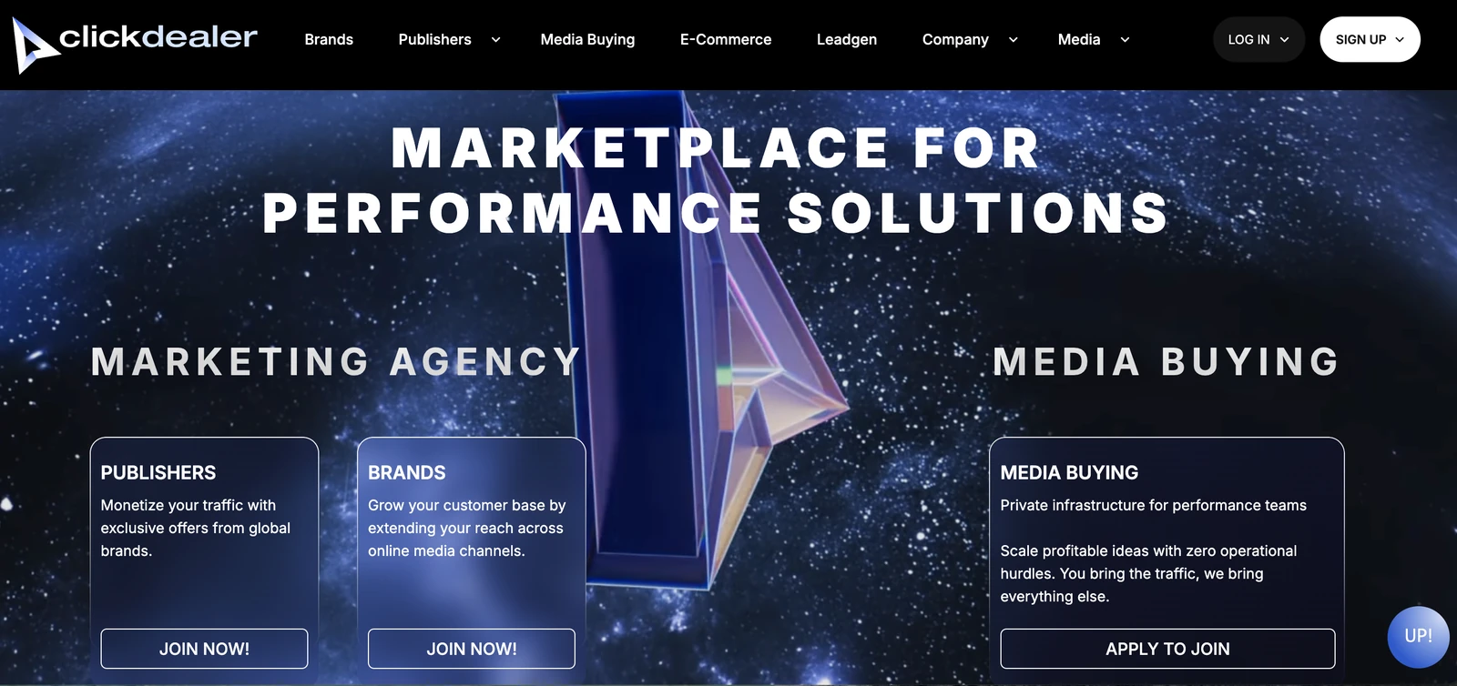 ClickDealer performance marketing network homepage, a leading affiliate network for media buyers