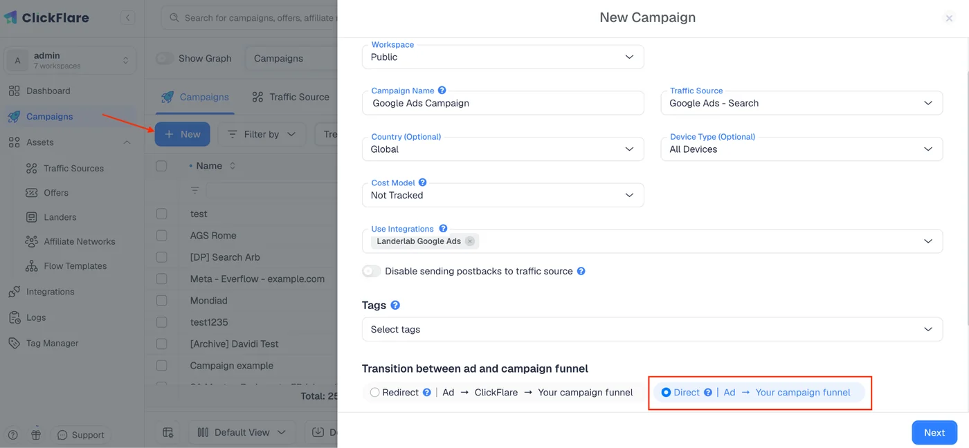 Setting a ClickFlare campaign to Direct transition for GCLID tracking with Google Ads