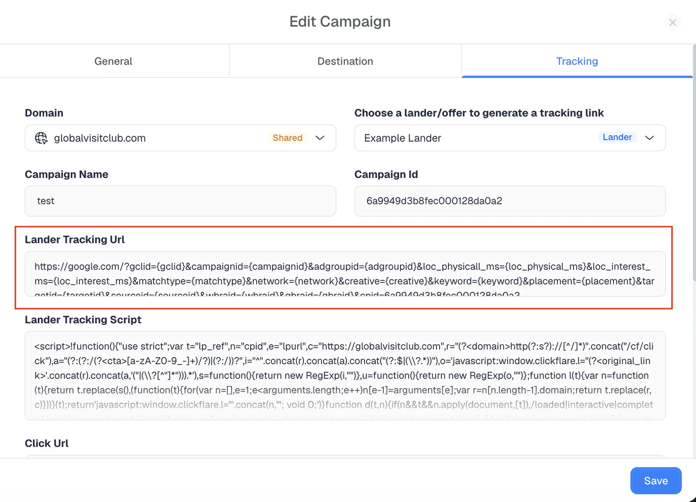 ClickFlare Lander Tracking URL showing the gclid parameter passed from Google Ads
