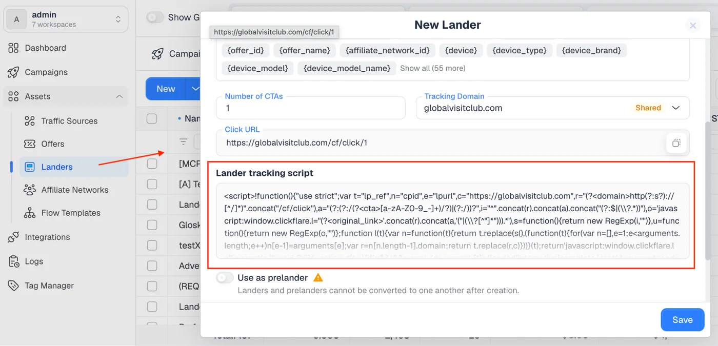ClickFlare lander direct tracking script used to capture GCLID on the landing page
