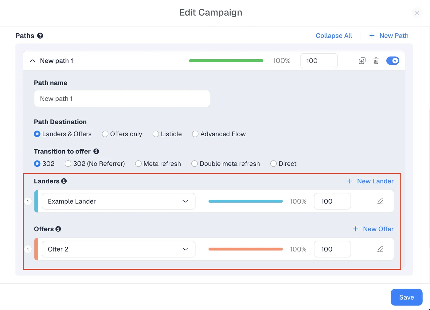 Configuring landers and offers in a ClickFlare campaign path for GCLID tracking
