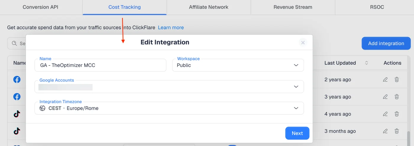 Setting up the Google Ads cost tracking integration in ClickFlare alongside GCLID conversion data