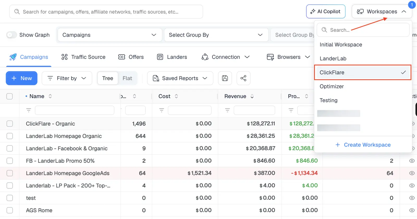 Filtering the ClickFlare dashboard by workspace to track client campaigns from a single account