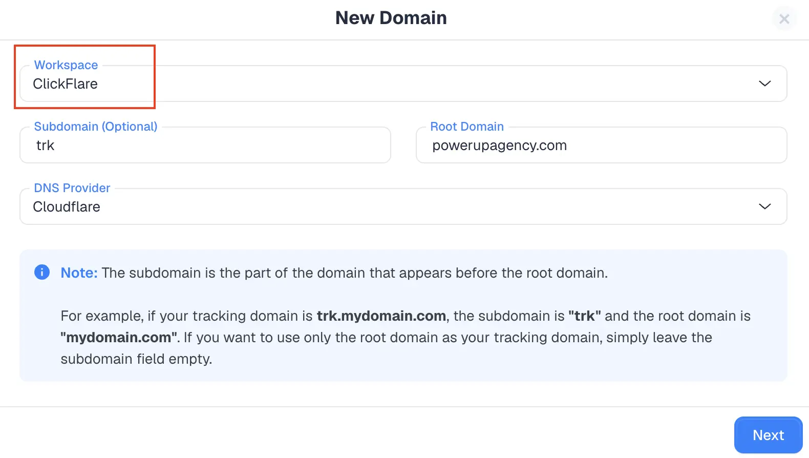Assigning a new tracking domain to a client workspace to track client campaigns separately in ClickFlare