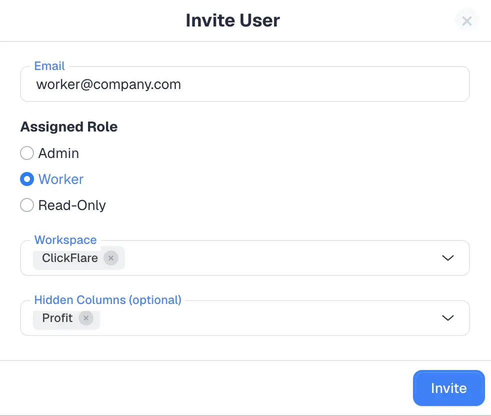 Inviting a team member and assigning their role and workspace to track client campaigns securely in ClickFlare