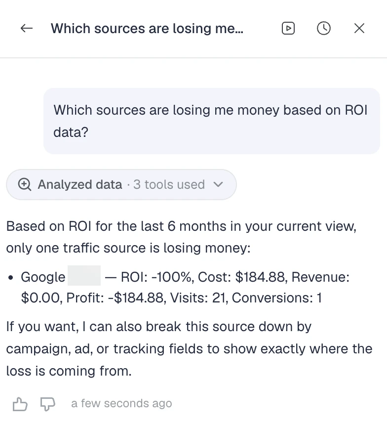 ClickFlare AI Copilot ClickFlare AI Copilot showing which traffic sources are losing money