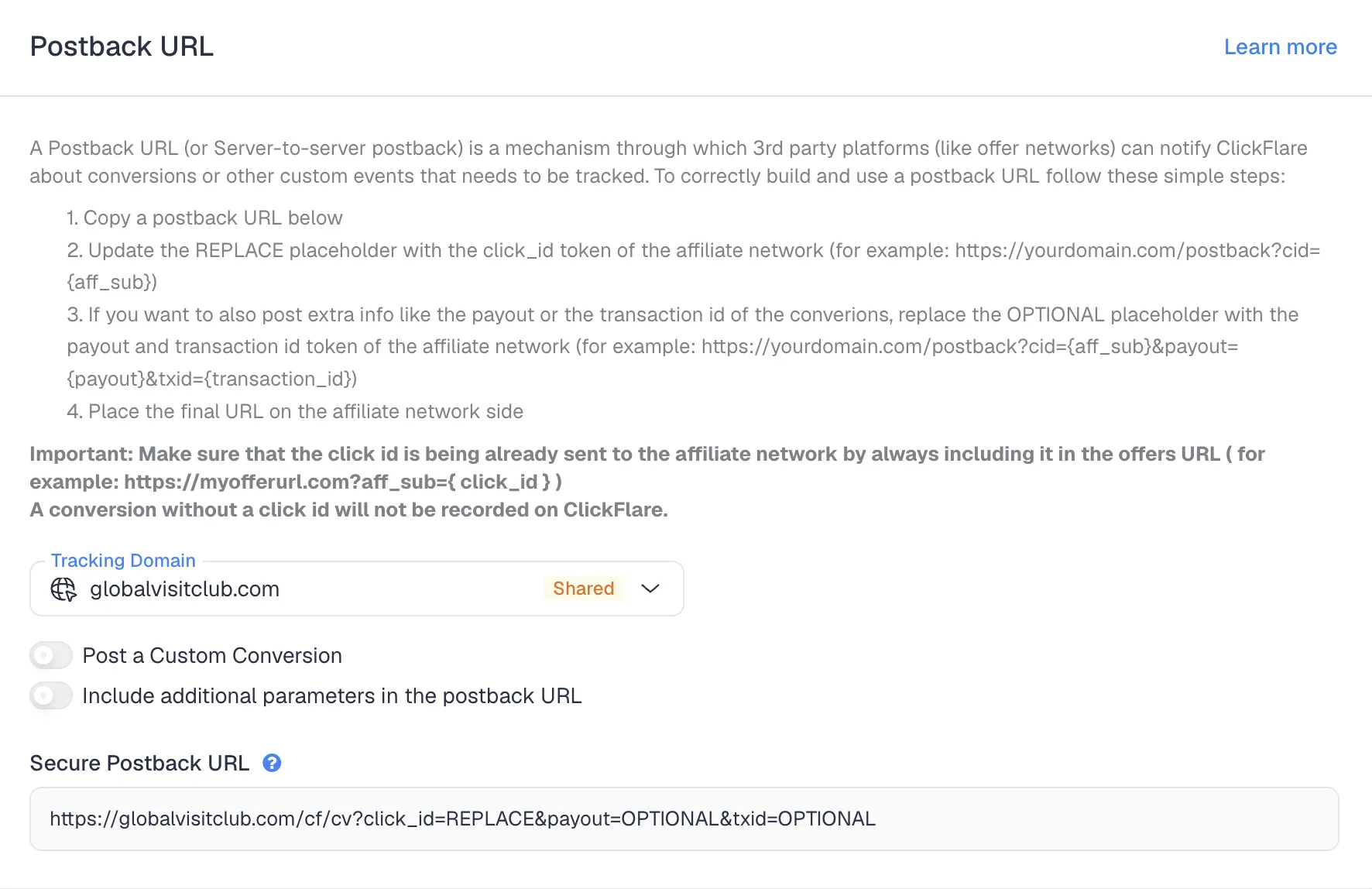 Setting up a postback URL for cookieless tracking in ClickFlare