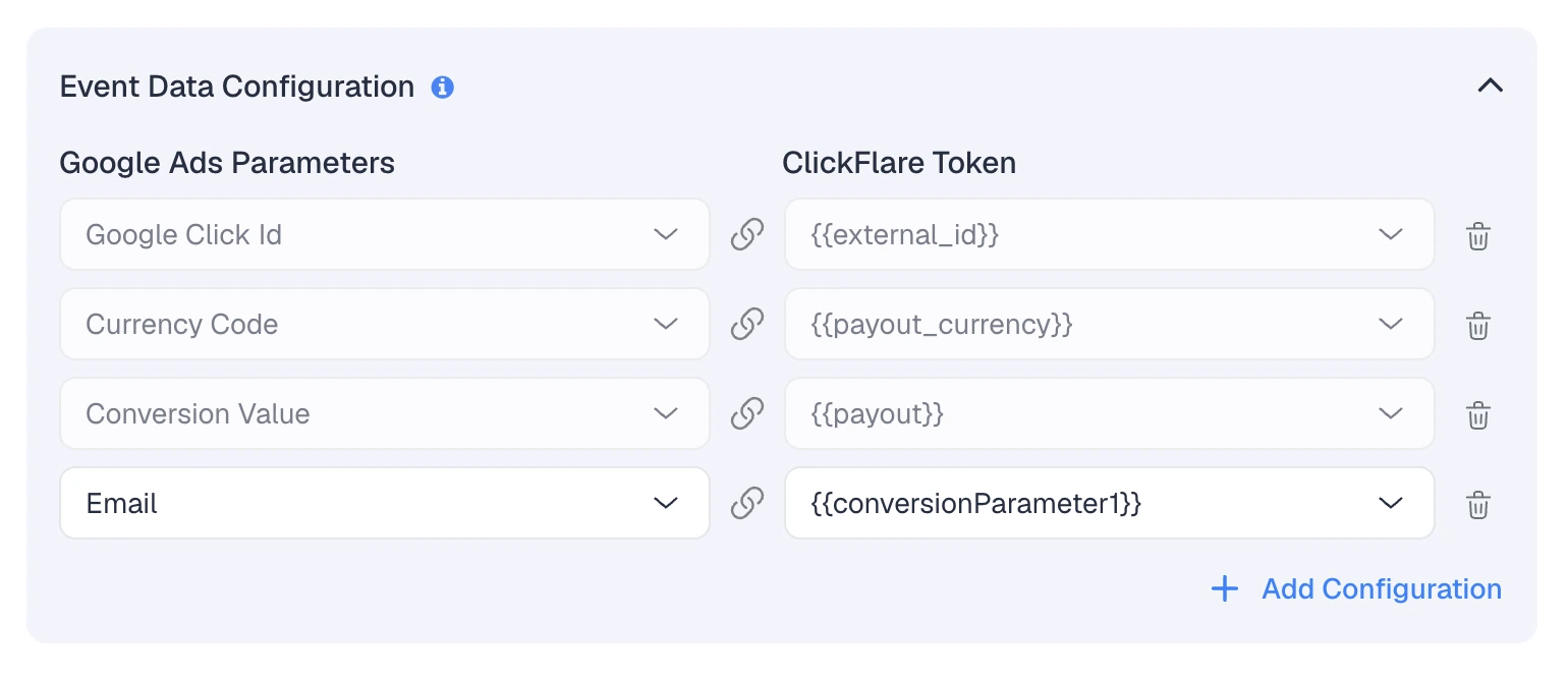 Google Enhanced Conversions setup in ClickFlare mapping Google Click Id, Currency Code, Conversion Value and Email to ClickFlare tokens