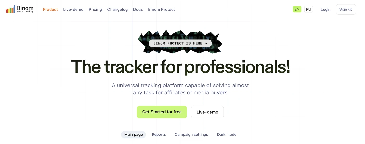 Binom homepage, a self-hosted AnyTrack alternative for technical marketers