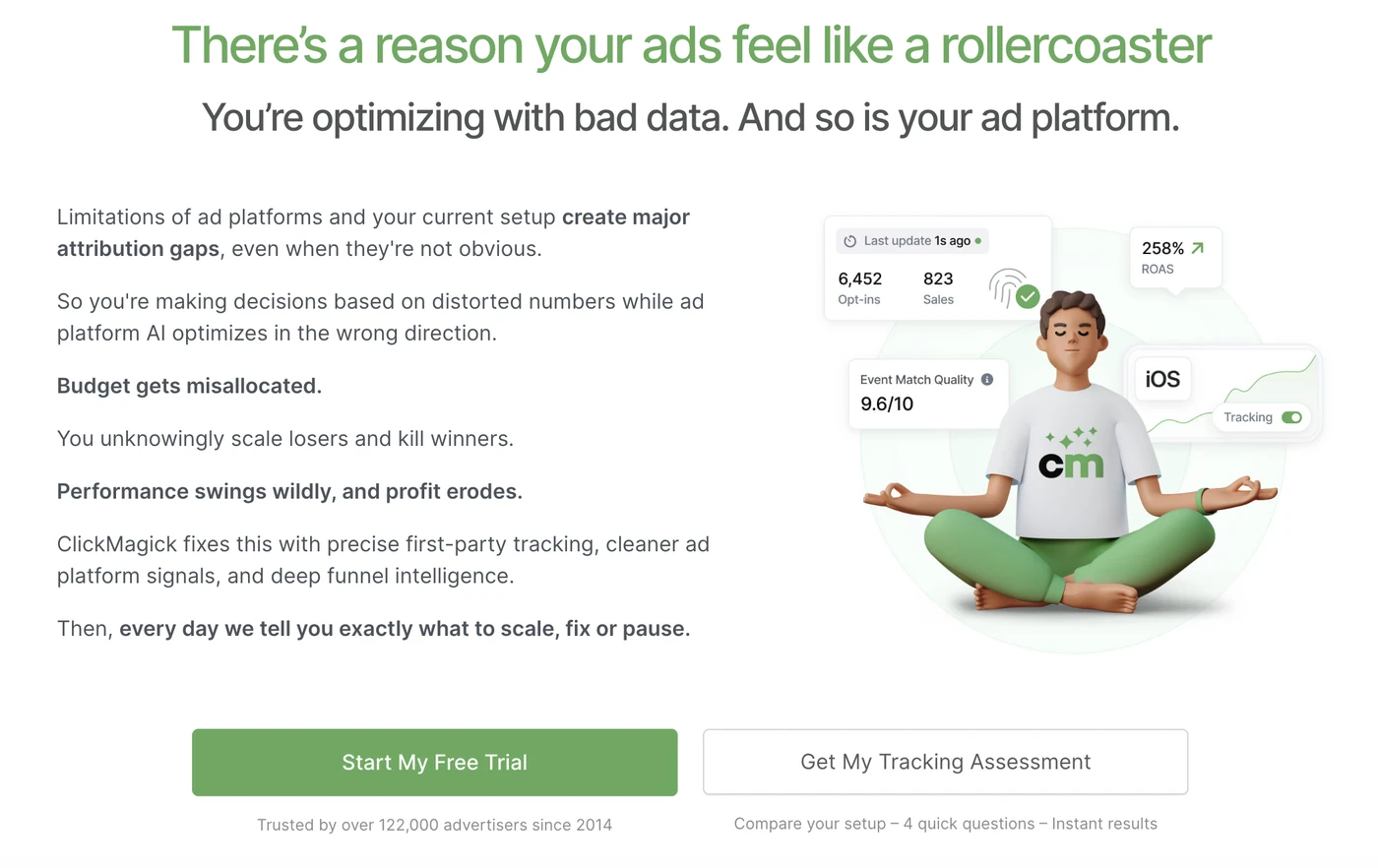 ClickMagick homepage, a lightweight AnyTrack alternative for low-traffic marketers