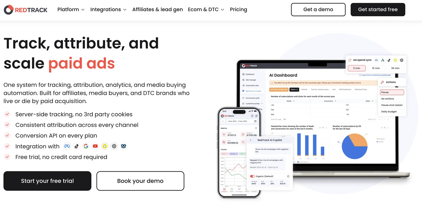 RedTrack homepage, an AnyTrack alternative for multi-channel attribution